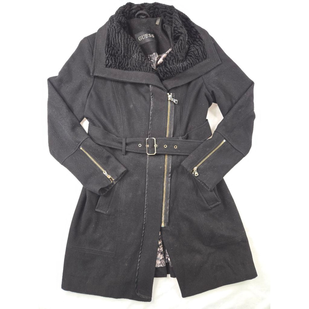 Women's Guess Black Wool Blend Belted Coat L Faux Fur Collar